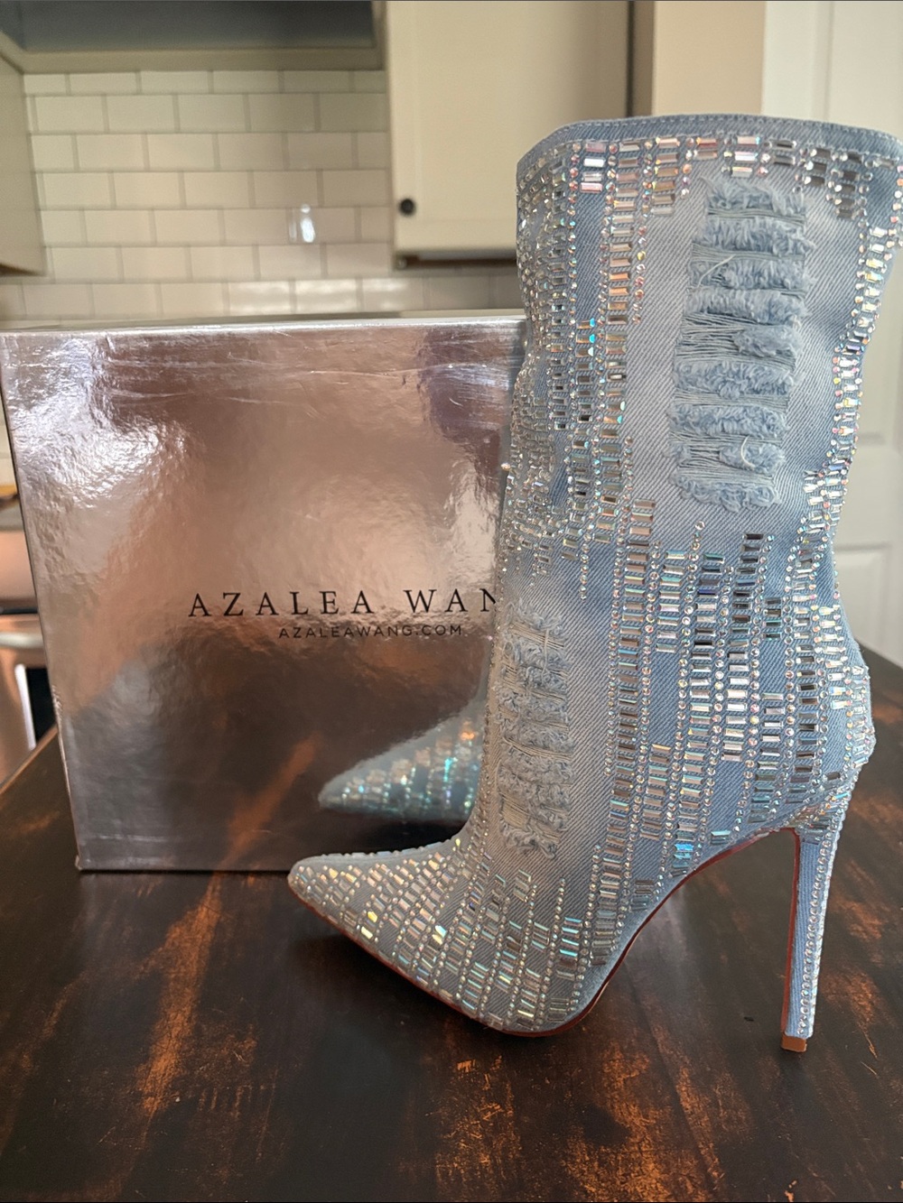 Azalea Wang Light Blue Denim Crystal-Embellished Stiletto Ankle Boot
